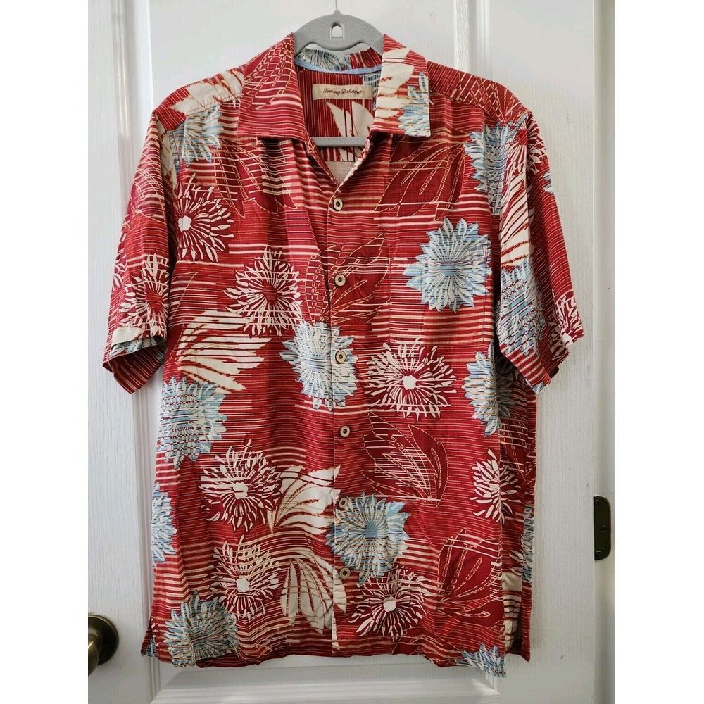 Tommy Bahama Men's Short Sleeve Button Up  Hawaiian Shirt SILK Floral Red Size M